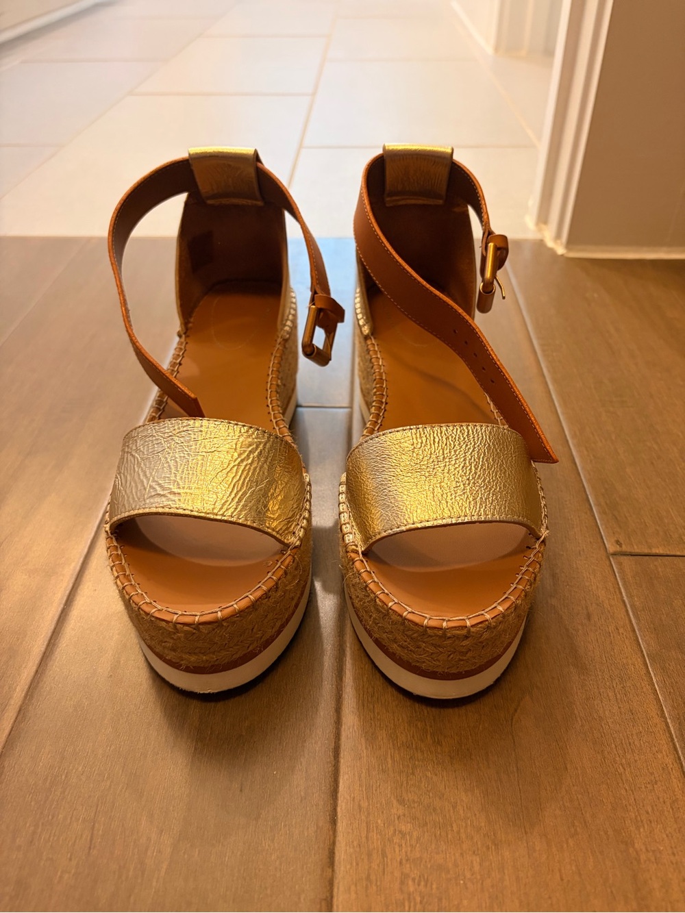 Metallic Gold Ankle-Strap Wedge Sandals